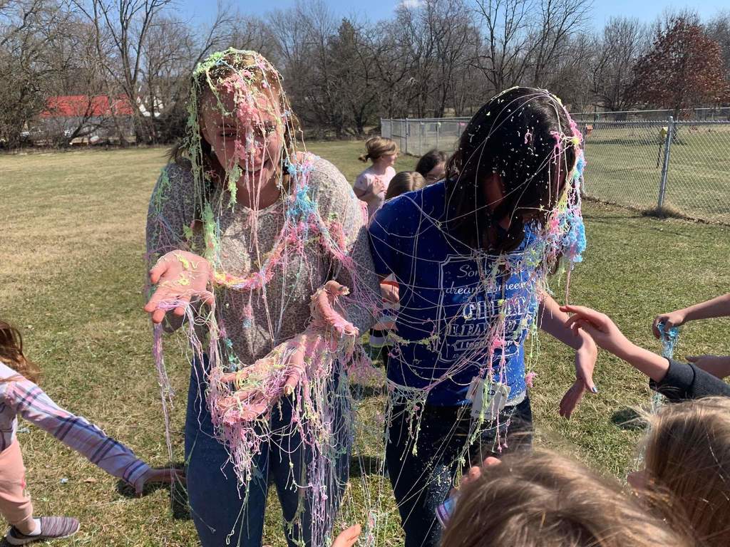 Mrs. Hawbaker's 3/4 Multi-Age class reached their goals and as a reward got to silly string their teachers