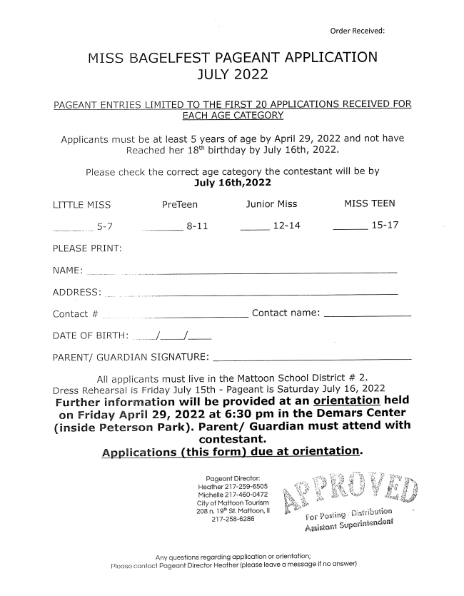 Miss Bagelfest Pageant Application for July