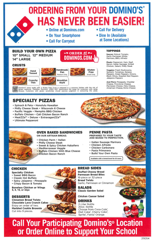Domino's menu for the Birth-3 Fundraiser on July 14