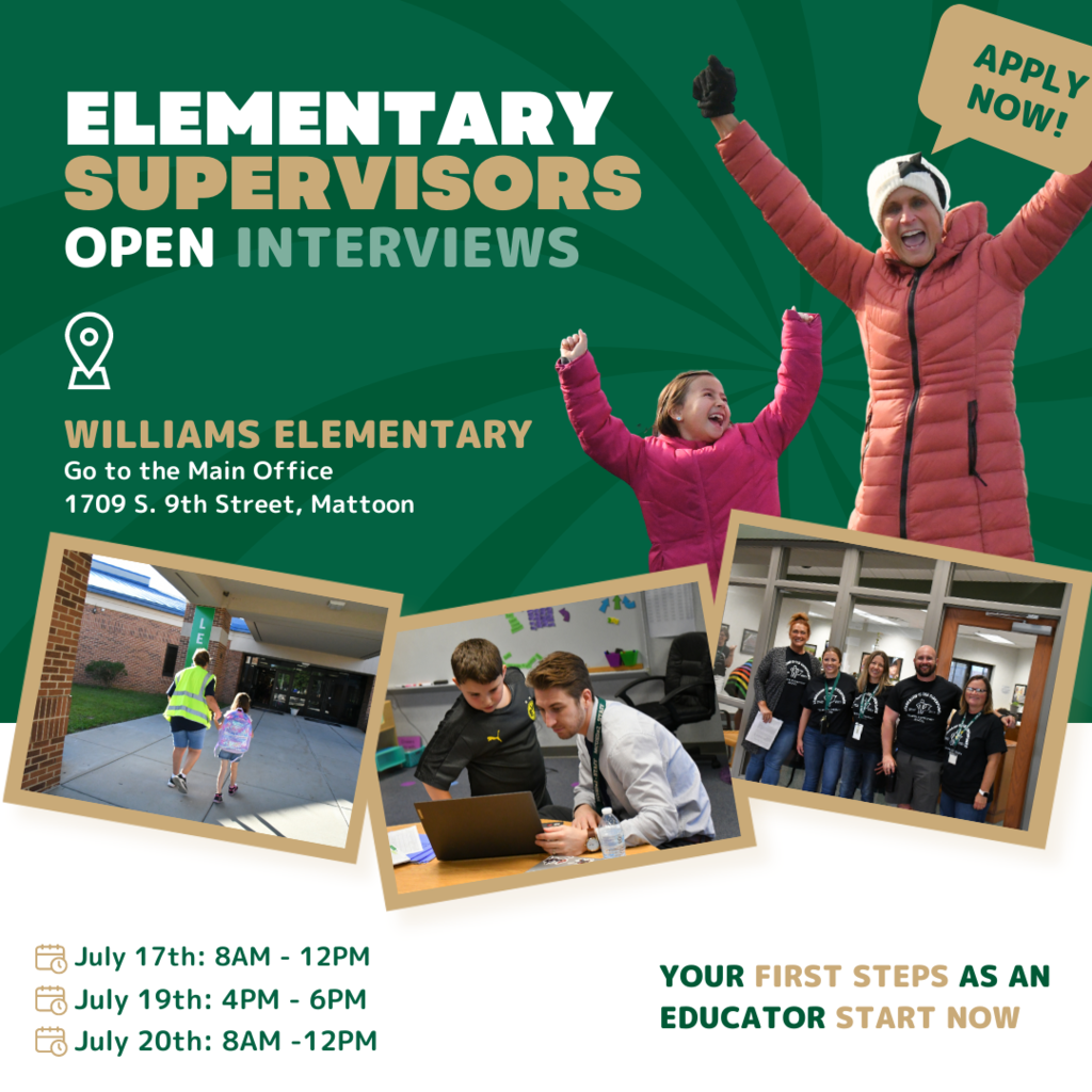 We are now hiring Elementary Supervisors and holding open interviews for the position on July 17th, July 19th, and July 20th. 🤝💼 Interviews will be conducted on the following days: Monday, July 17th from 8 AM to Noon Wednesday, July 19th from 4 PM to 6 PM Thursday, July 20th from 8 AM to Noon All interviews will take place at Williams Elementary School. 🏫 If you can’t make an interview, contact us mcusd2.org/K5Supervisors 🌞Summers Off 🕒Flexible Schedule 😁5.5 Hours Daily 🤝Leadership Opportunities 👨‍🏫First Steps As An Educator