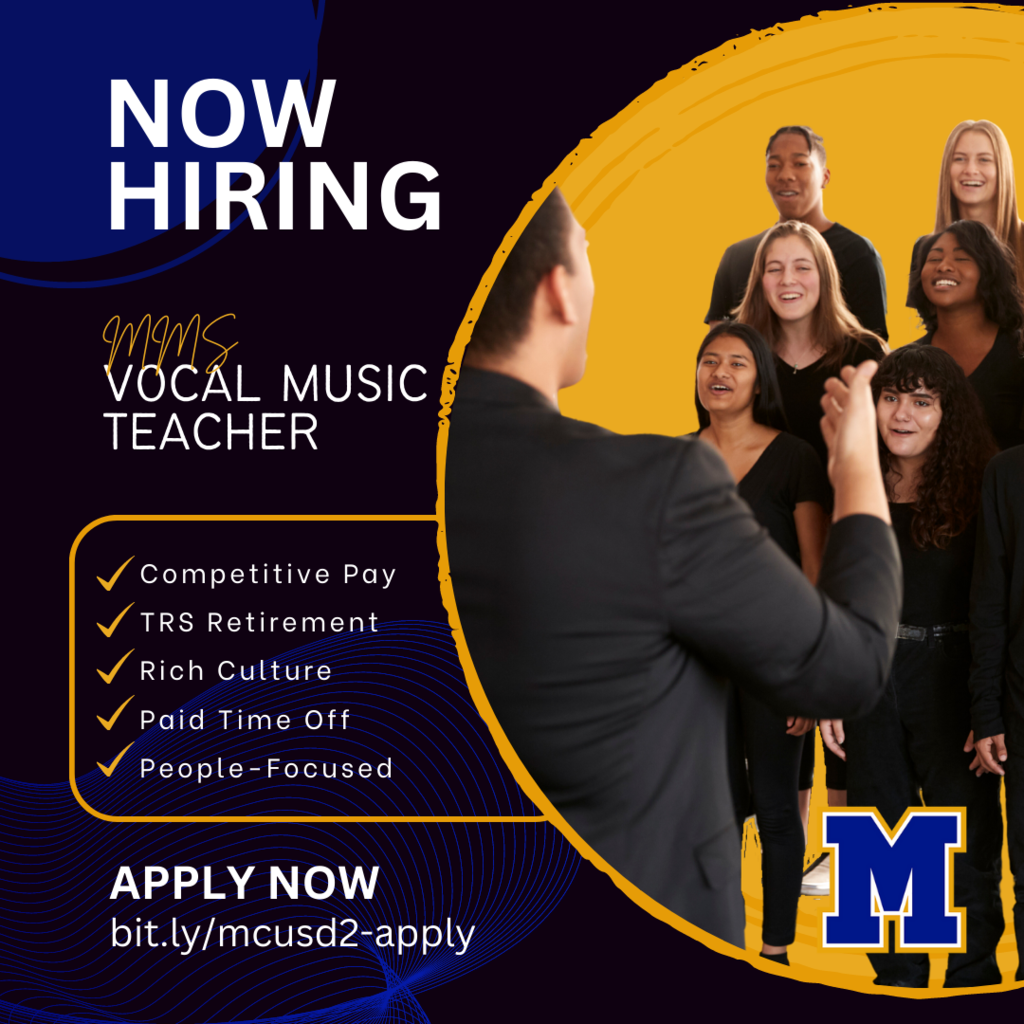 📣 NOW HIRING: Mattoon Middle School Vocal Music Teacher 🎼  💸 Competitive Pay 💰 TRS Retirement 👩‍🏫 Rich Culture 🌴 Paid Time Off 🤝 People-Focused  Apply now: bit.ly/mcusd2-apply