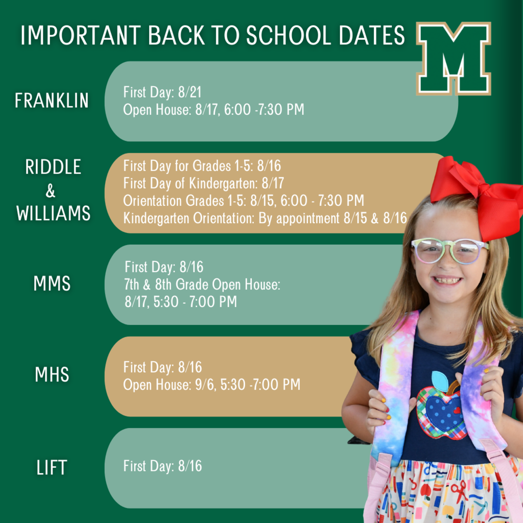 Important Back to School Dates at Franklin, Riddle,Williams, MMS and MHS
