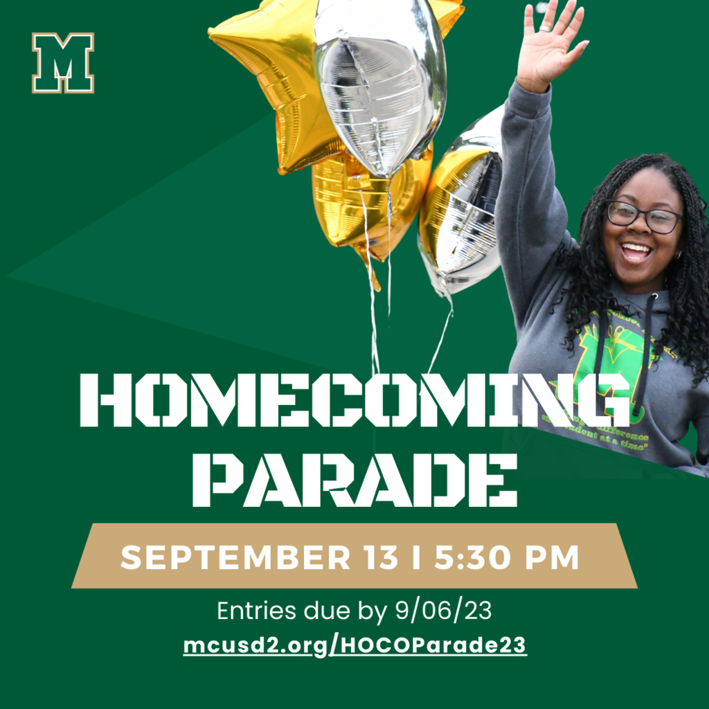 Homecoming Parade September 13. 5:30 PM Entries due by 9/6/23. mcud2.org/HOCOParade23