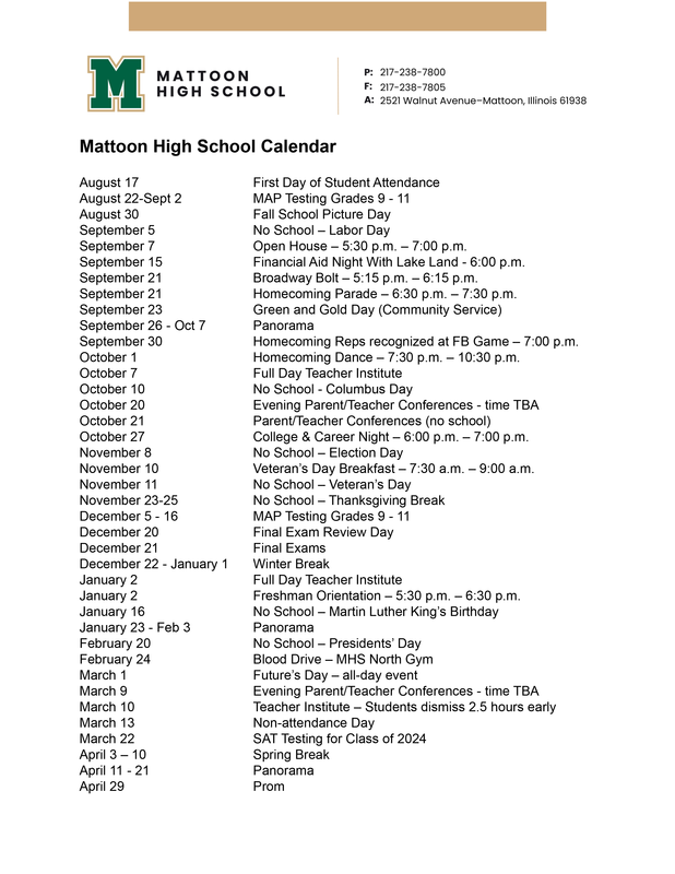 MHS Events & Activities for the 202223 School Year Mattoon High School